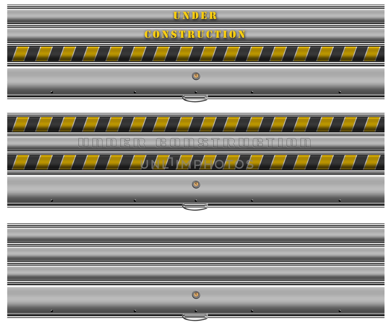 Three web banner with metallic roller shutter and written under construction