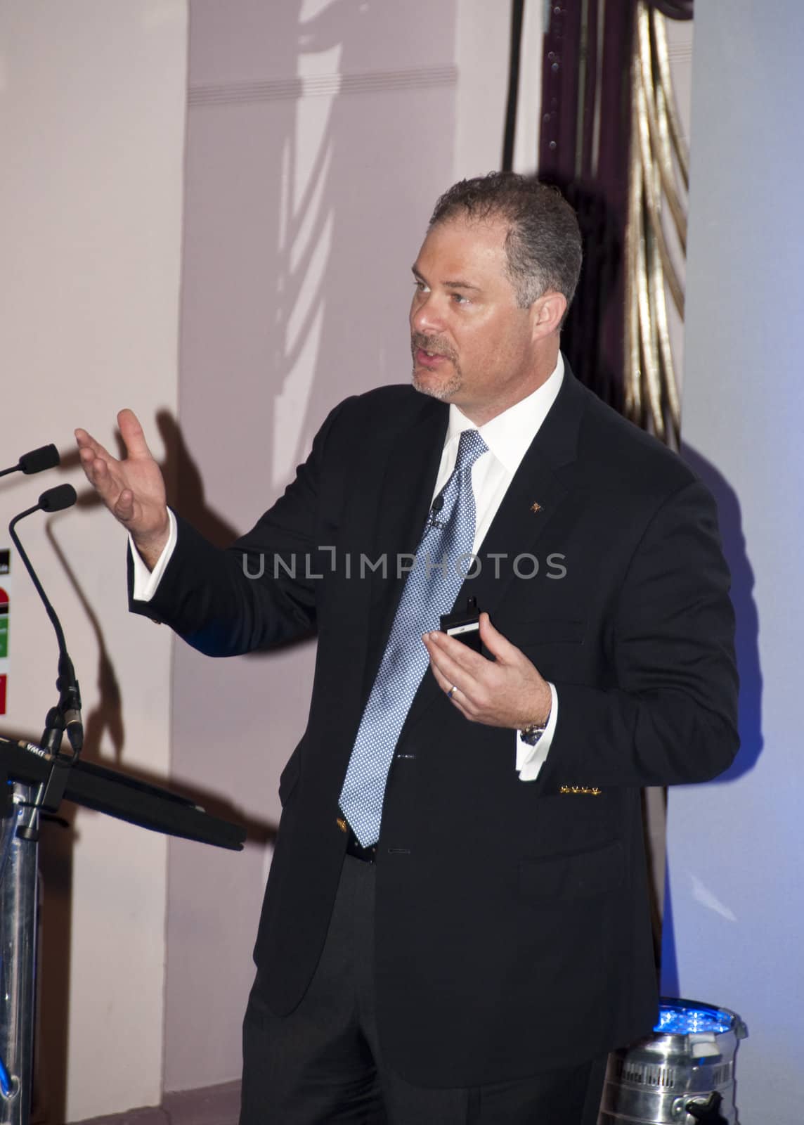 London - UK, January 30, 2012: Gerald Parent giving a speech at the 59th UICH les Clefs d'Or International Congress at the Sheraton Park Lane