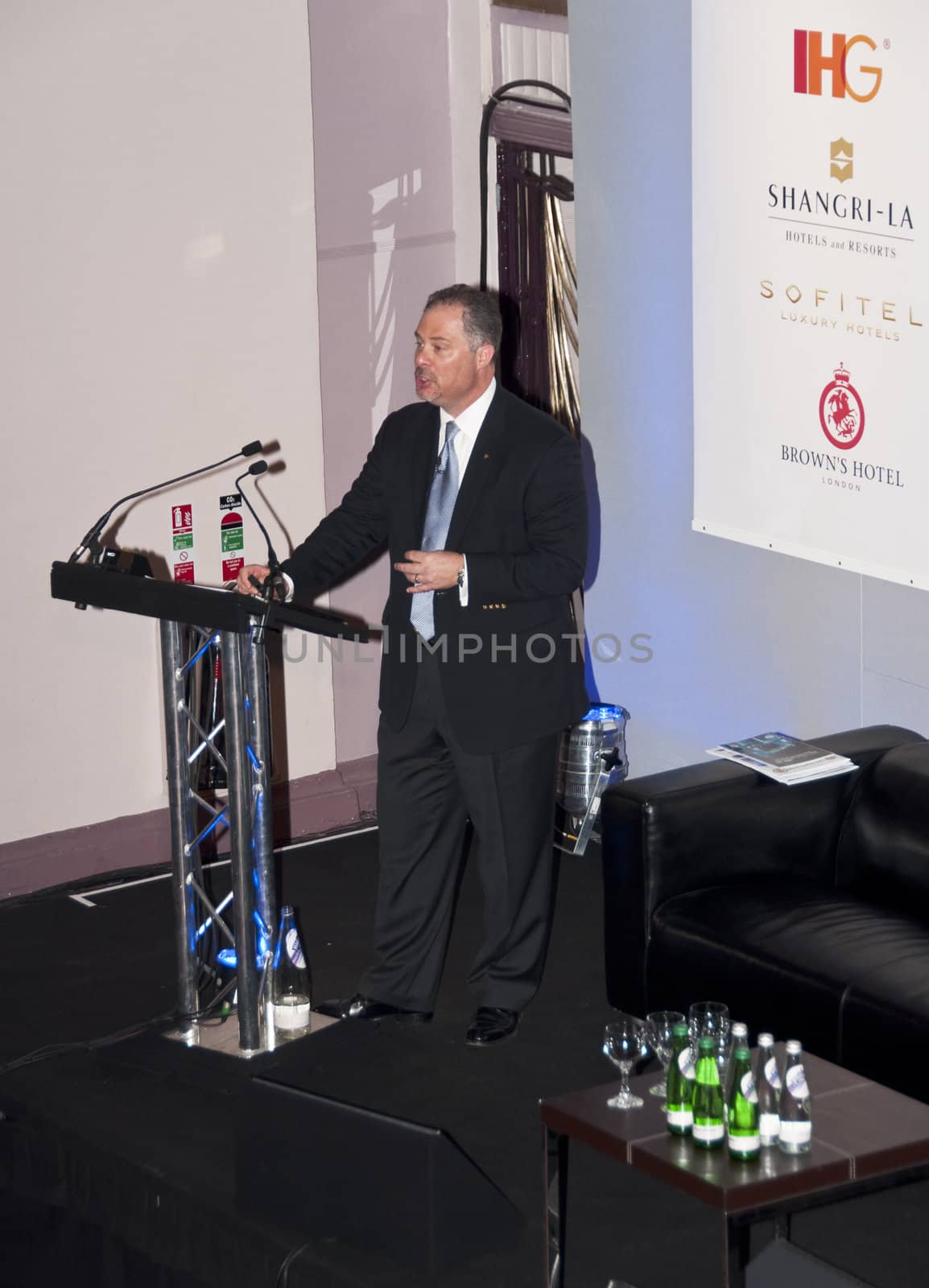 London - UK, January 30, 2012: Gerald Parent giving a speech at the 59th UICH les Clefs d'Or International Congress at the Sheraton Park Lane