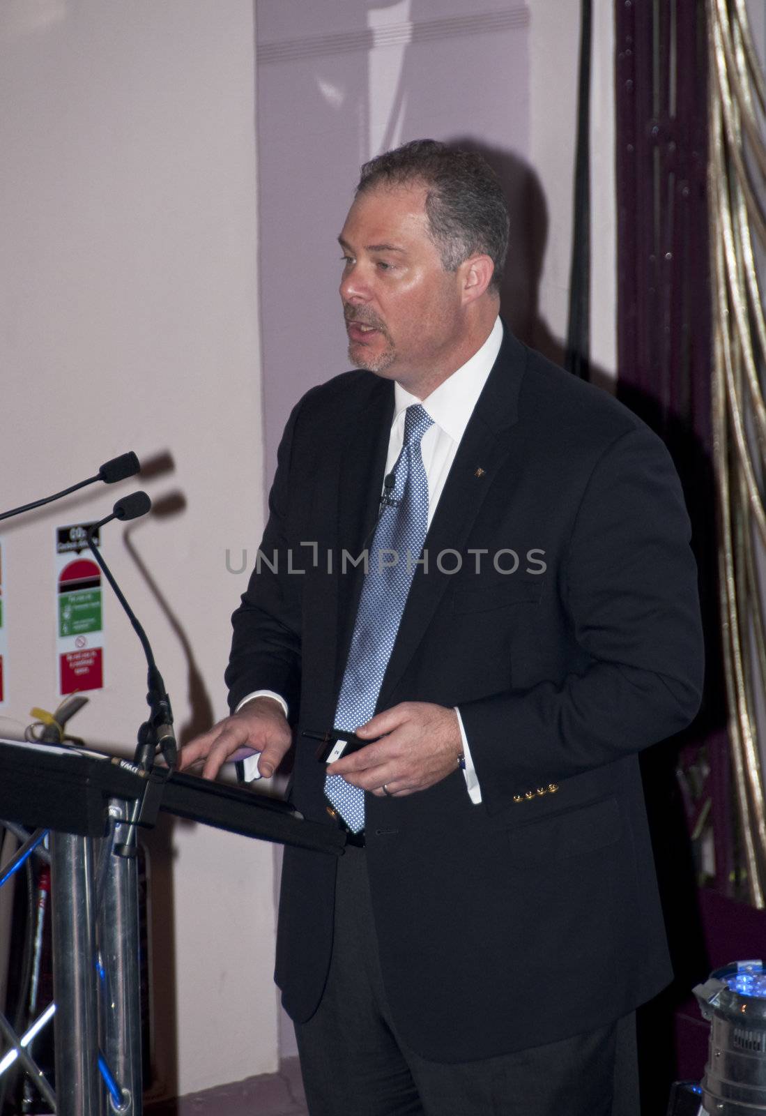 London - UK, January 30, 2012: Gerald Parent giving a speech at the 59th UICH les Clefs d'Or International Congress at the Sheraton Park Lane