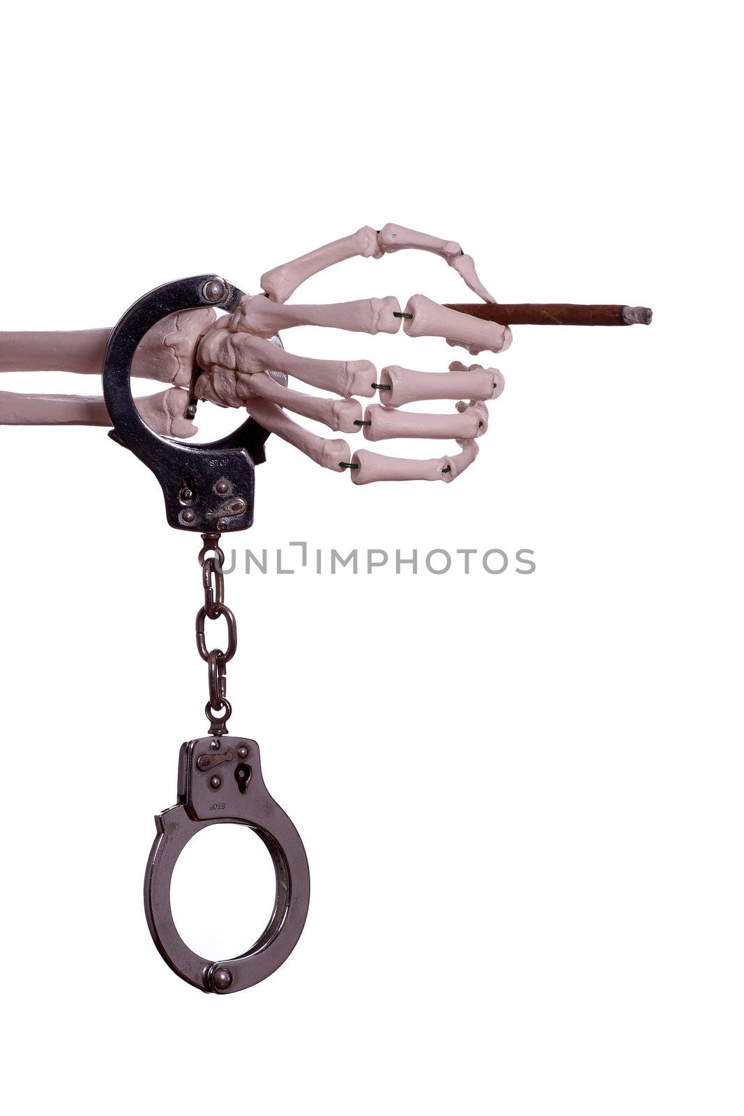 skeleton hand with handcuff holding cigar