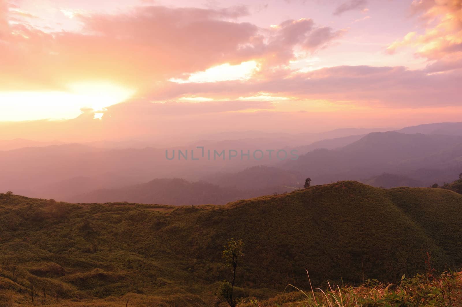 Nice sunset scene in mountains, Thailand.