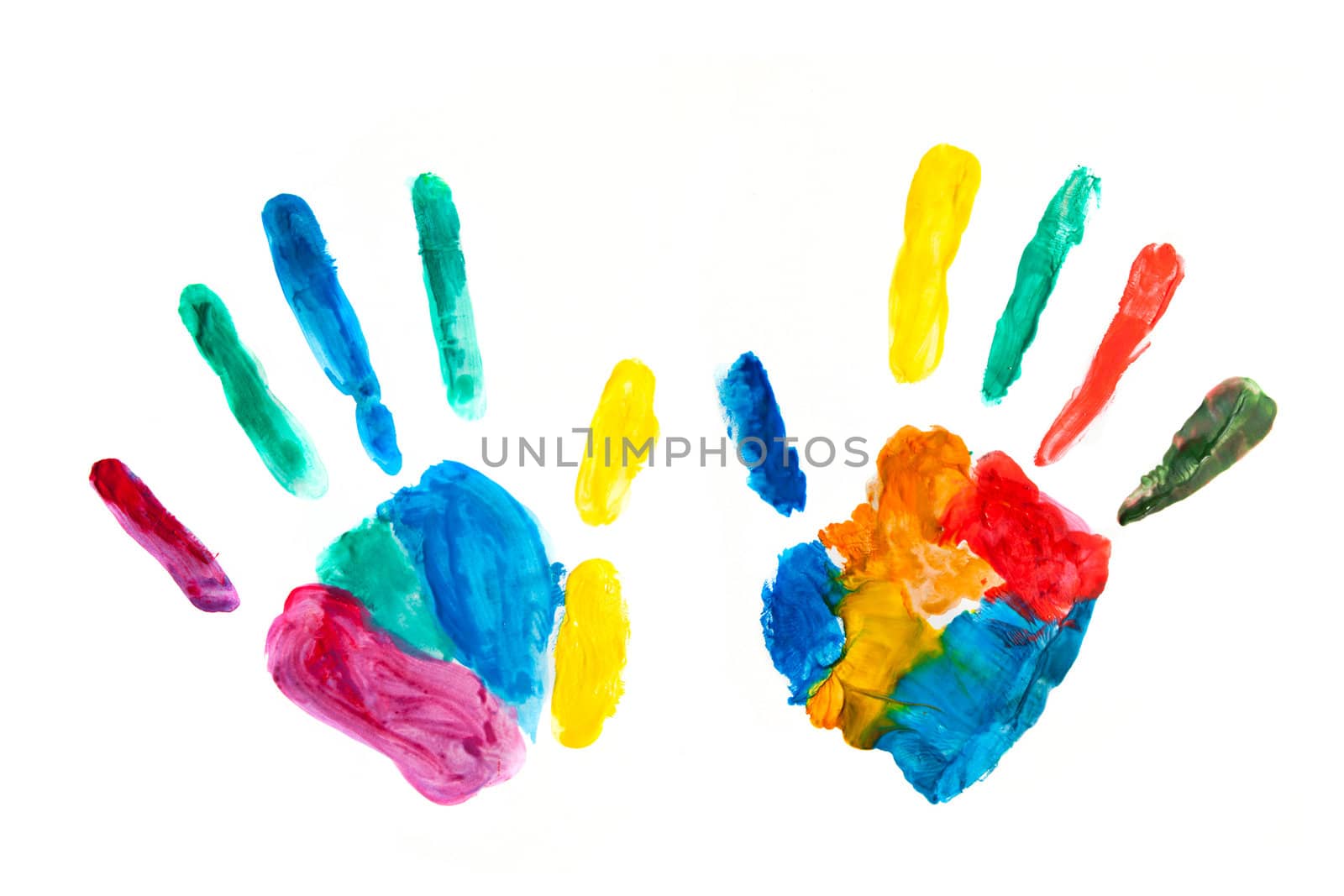 Hands painted, stamped on paper, colorful fun. Creative, funny and artistic means happy! Isolated on white.