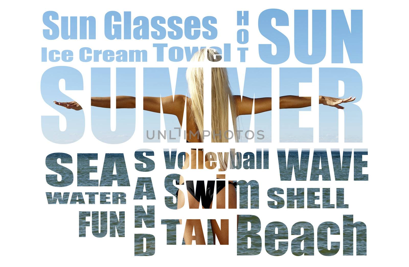 Conceptual collage of Summer words over picture. Isolated on white