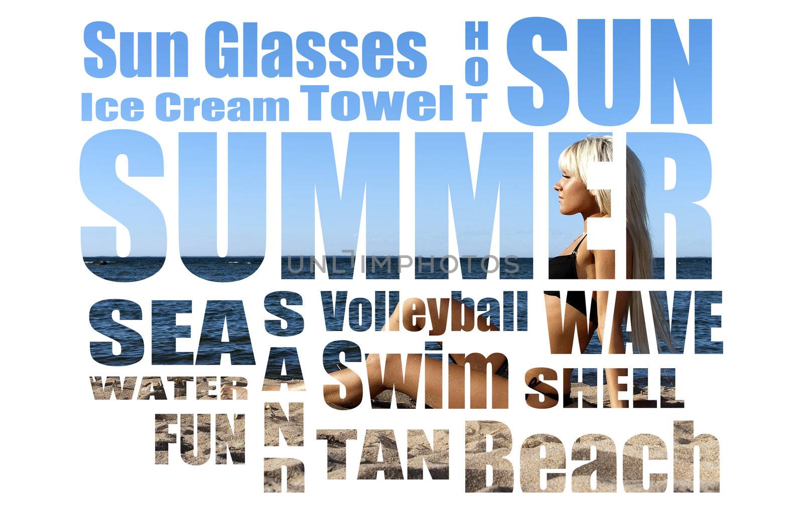 Conceptual collage of Summer words over picture. Isolated on white
