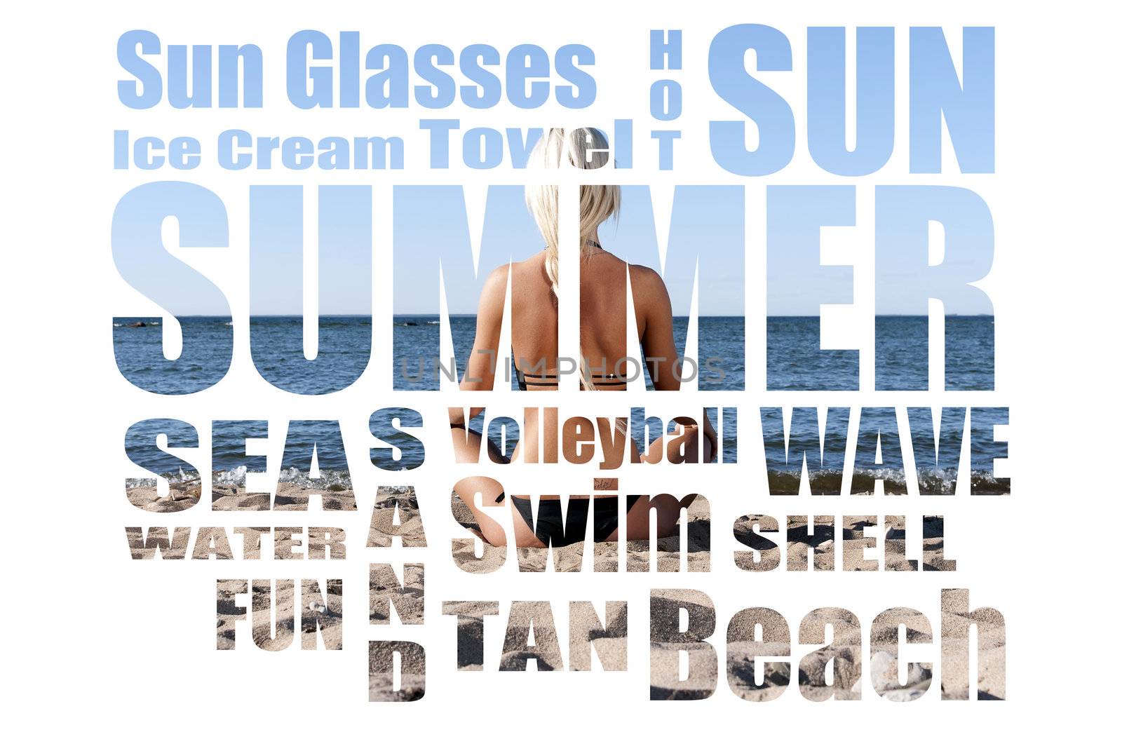 Conceptual collage of Summer words over picture. Isolated on white