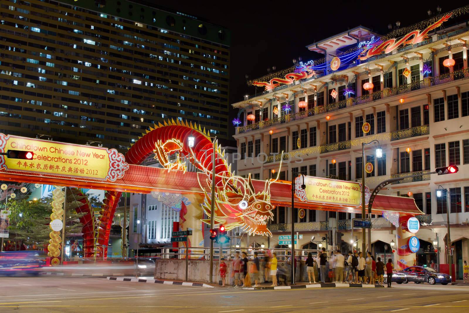SINGAPORE - JANUARY 21: Chinese New Year Dragon Decoration along New Bridge Road in Singapore Chinatown on January 11, 2012. Designed by Singapore University of Technology and Design (SUTD). 