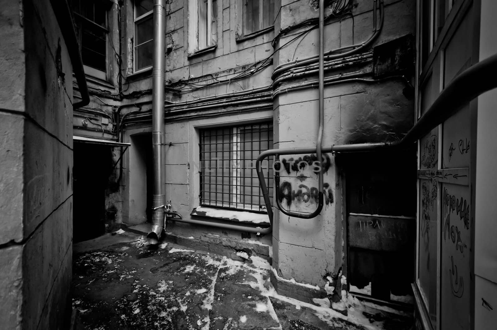 Ugly and abandoned porch in black and white