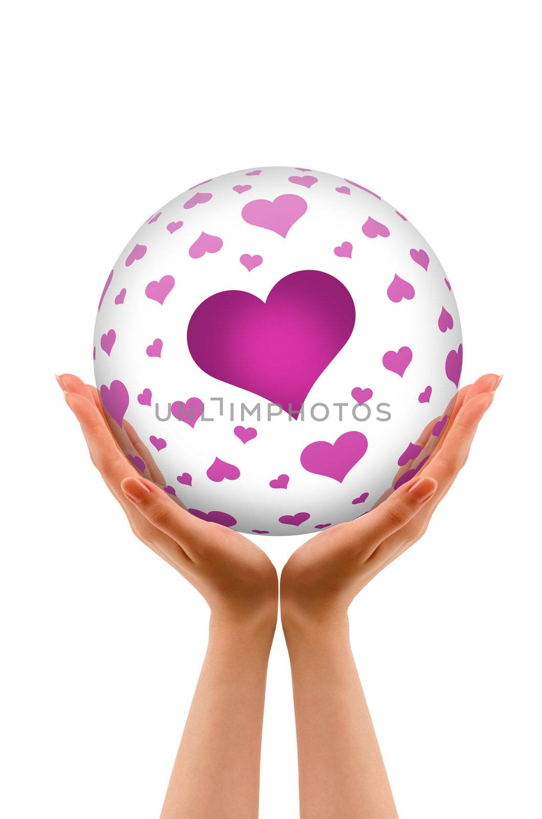 Hands holding a 3D Love Sphere with hearts on white background.
