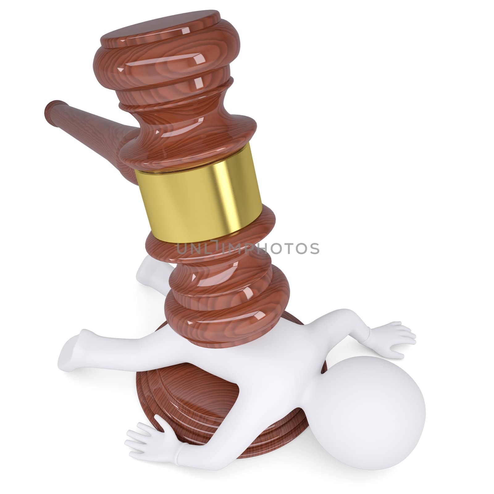 3d white man under the hammer of the judge. Isolated render on a white background