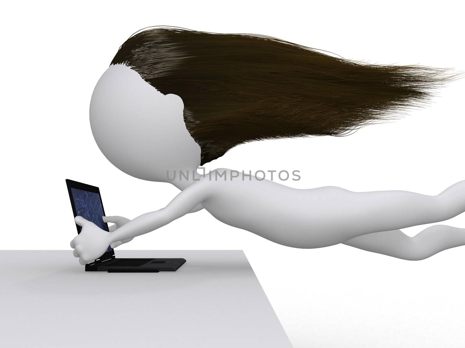 High speed internet concept, woman flying holding her laptop