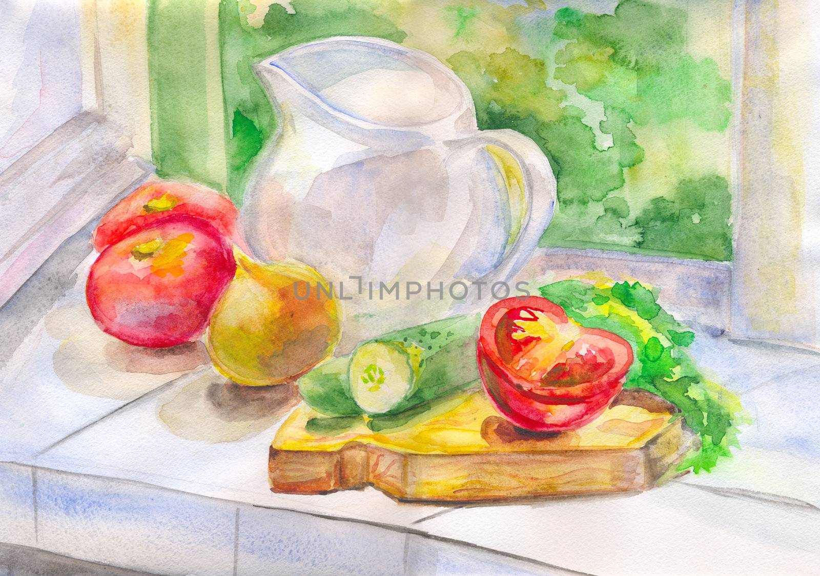 Still life with summer vegetables on the windowsill