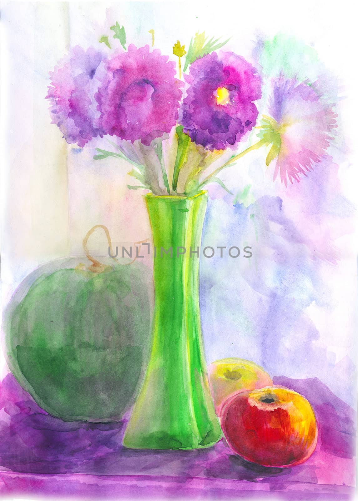 Still life with fruits and flowers in violet colors