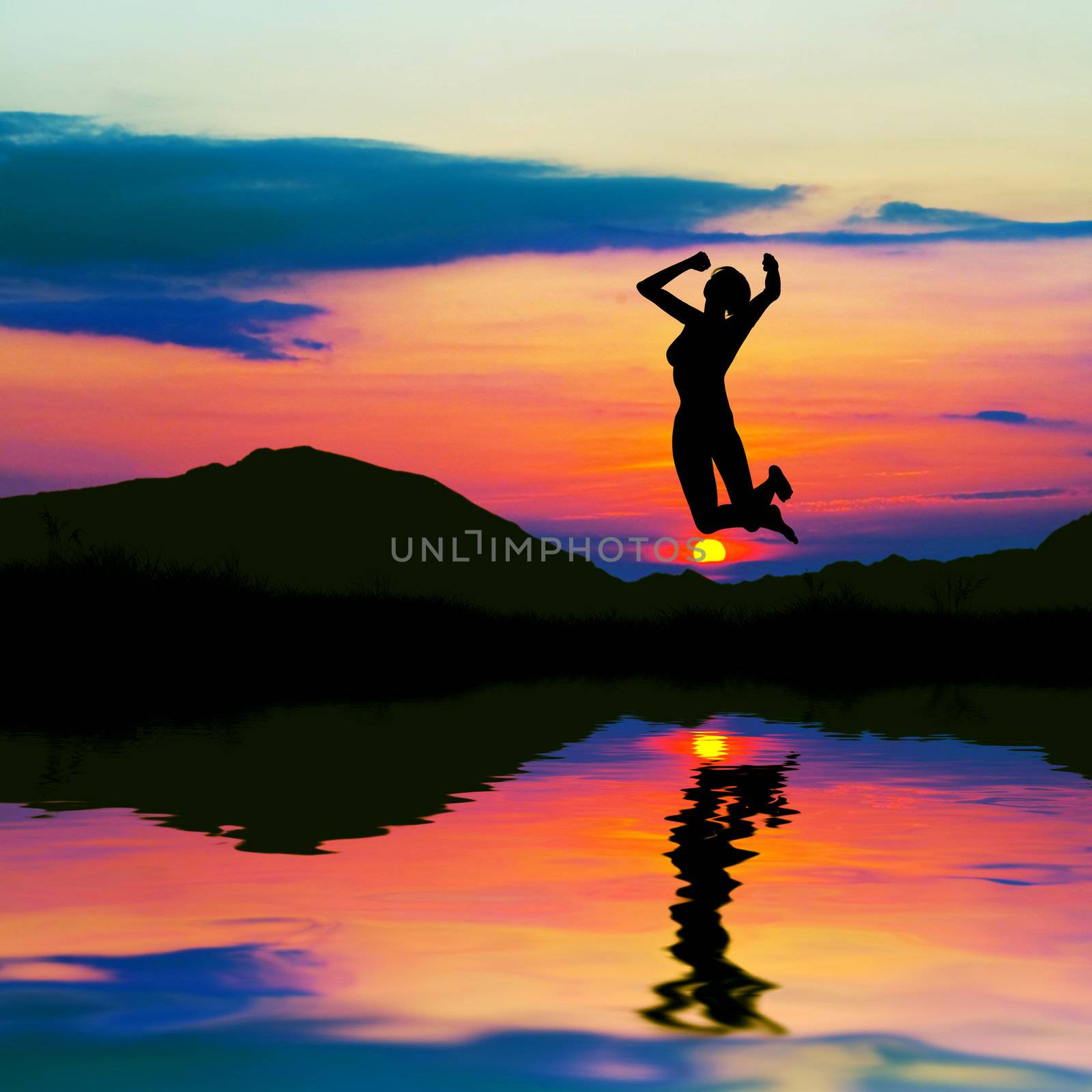 Silhouette of happy woman jumping at sunset by photocreo