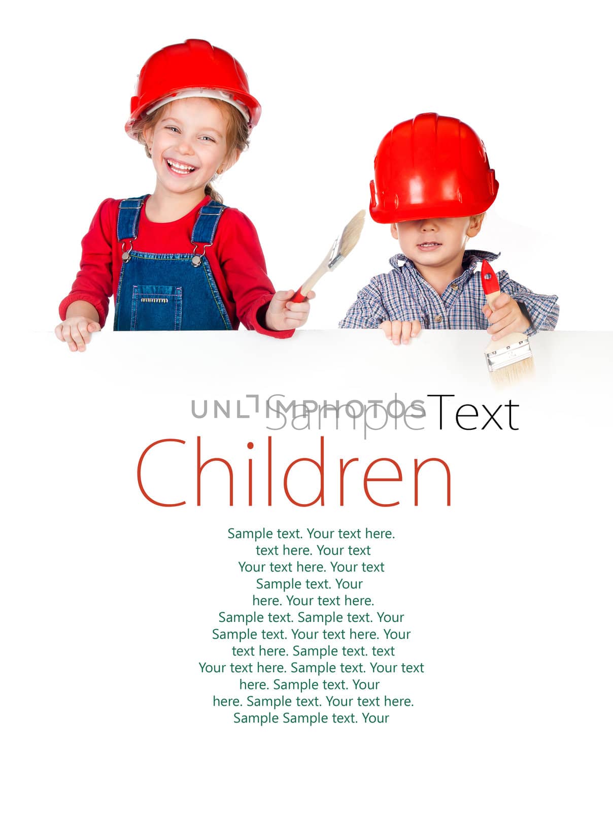 Pretty little girl and boy in halmet holding white banner with sample text