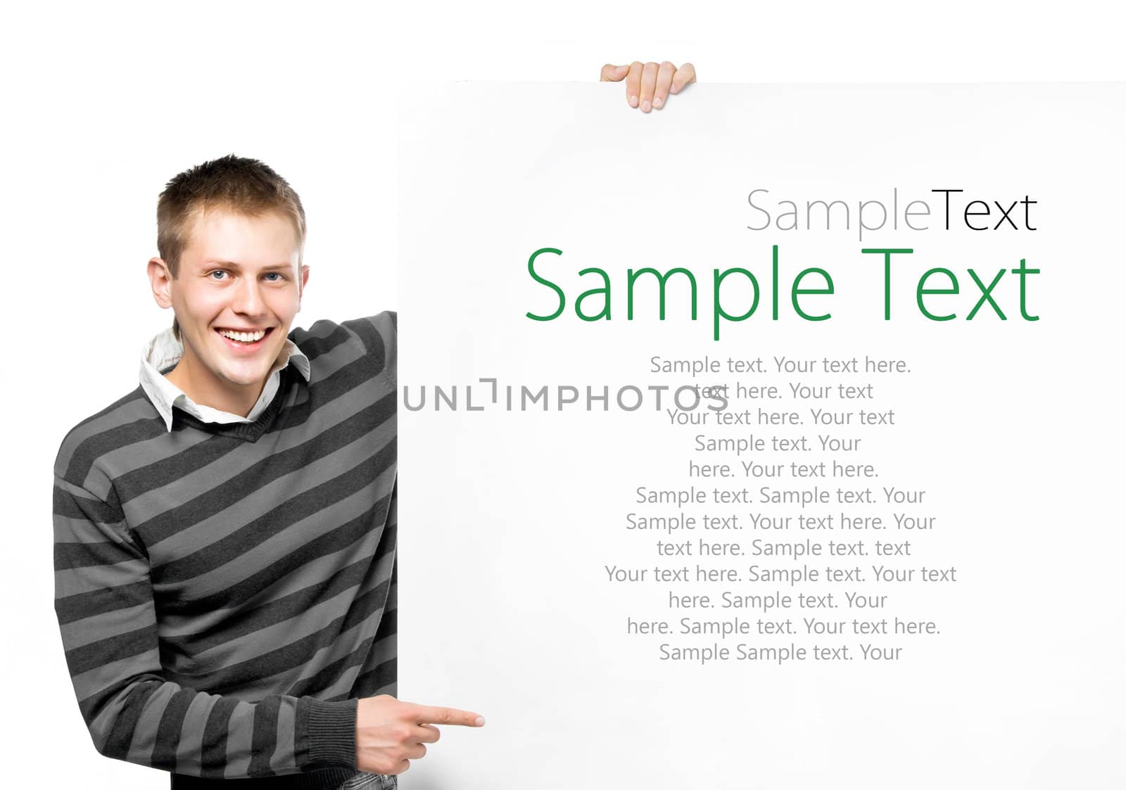 student holding white banner with sample text