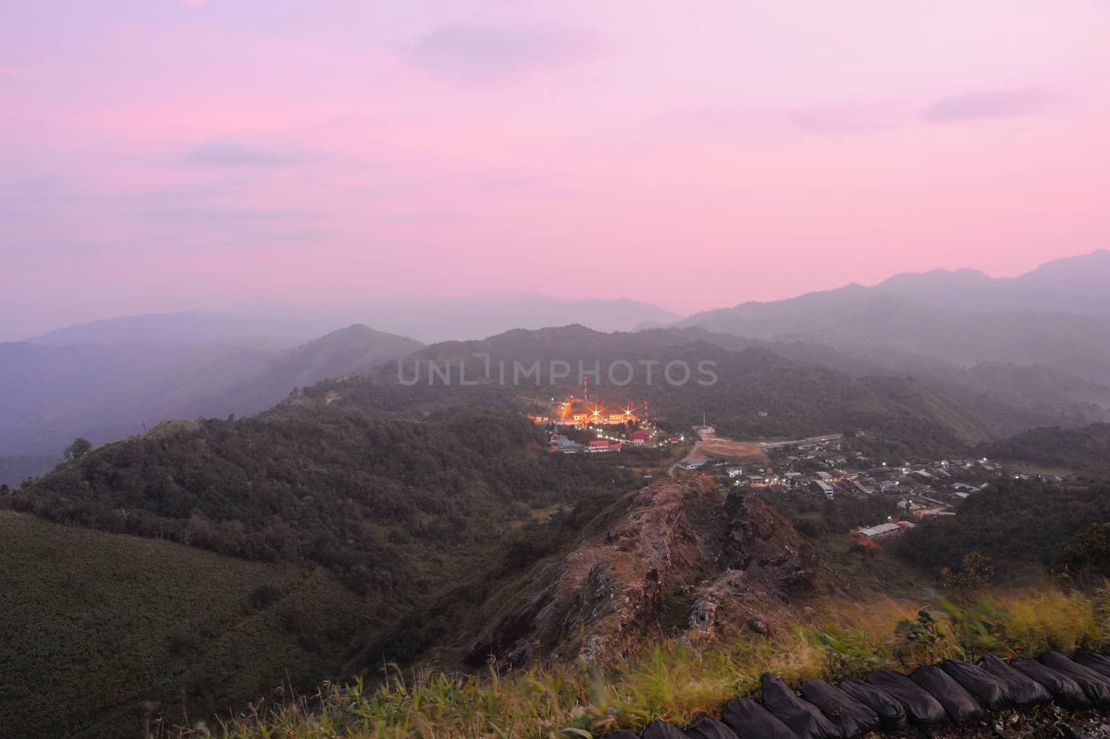 Sunrise on the mountains at the Thai - Myanmar border ridge in Kanchanaburi, Thailand.