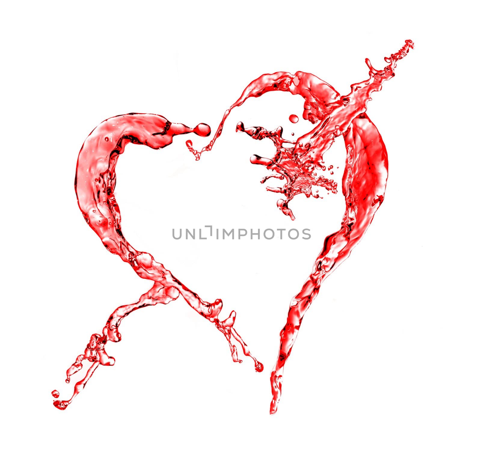 Red water splash in heart shape isolated on a white background