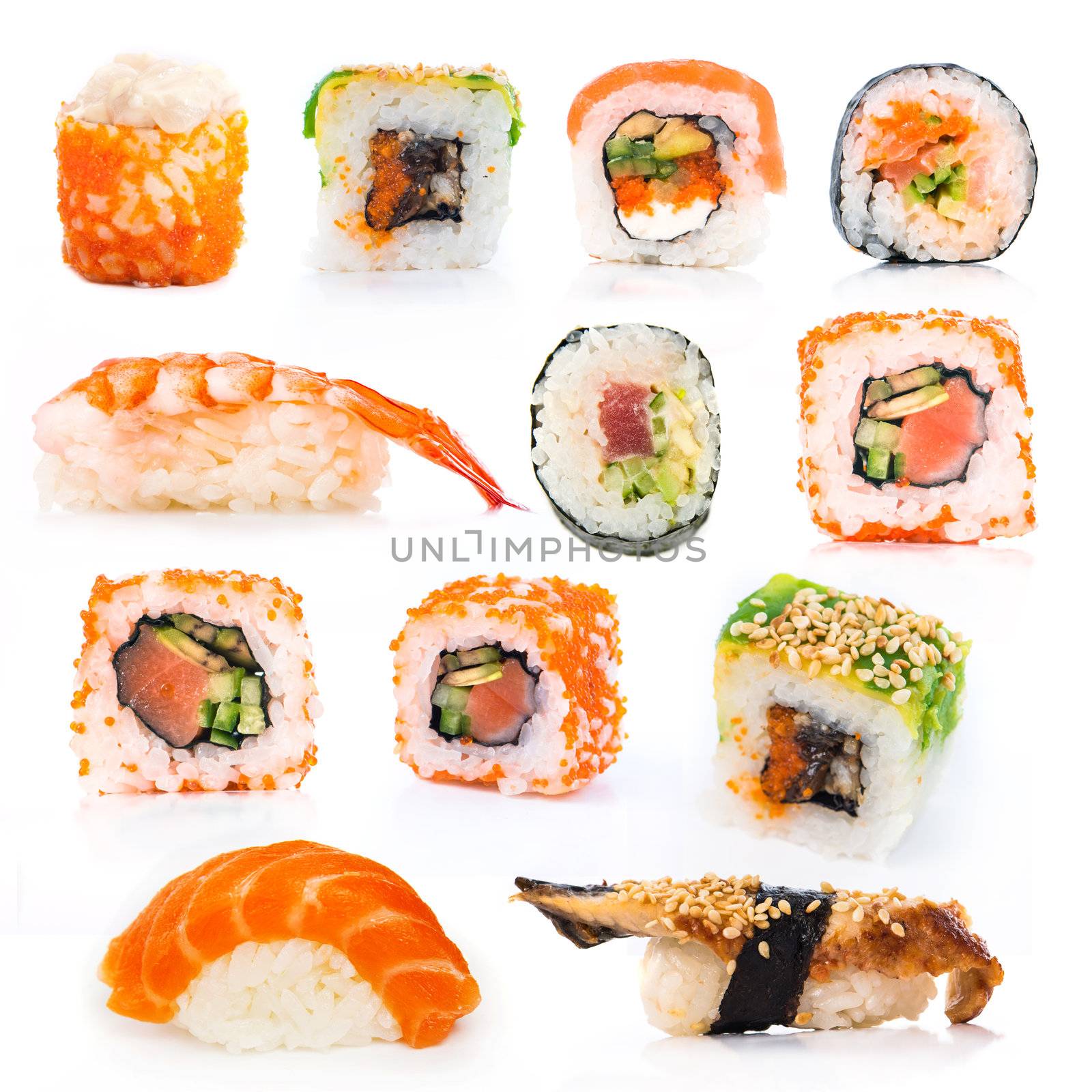 big colorful sushi set on a white background