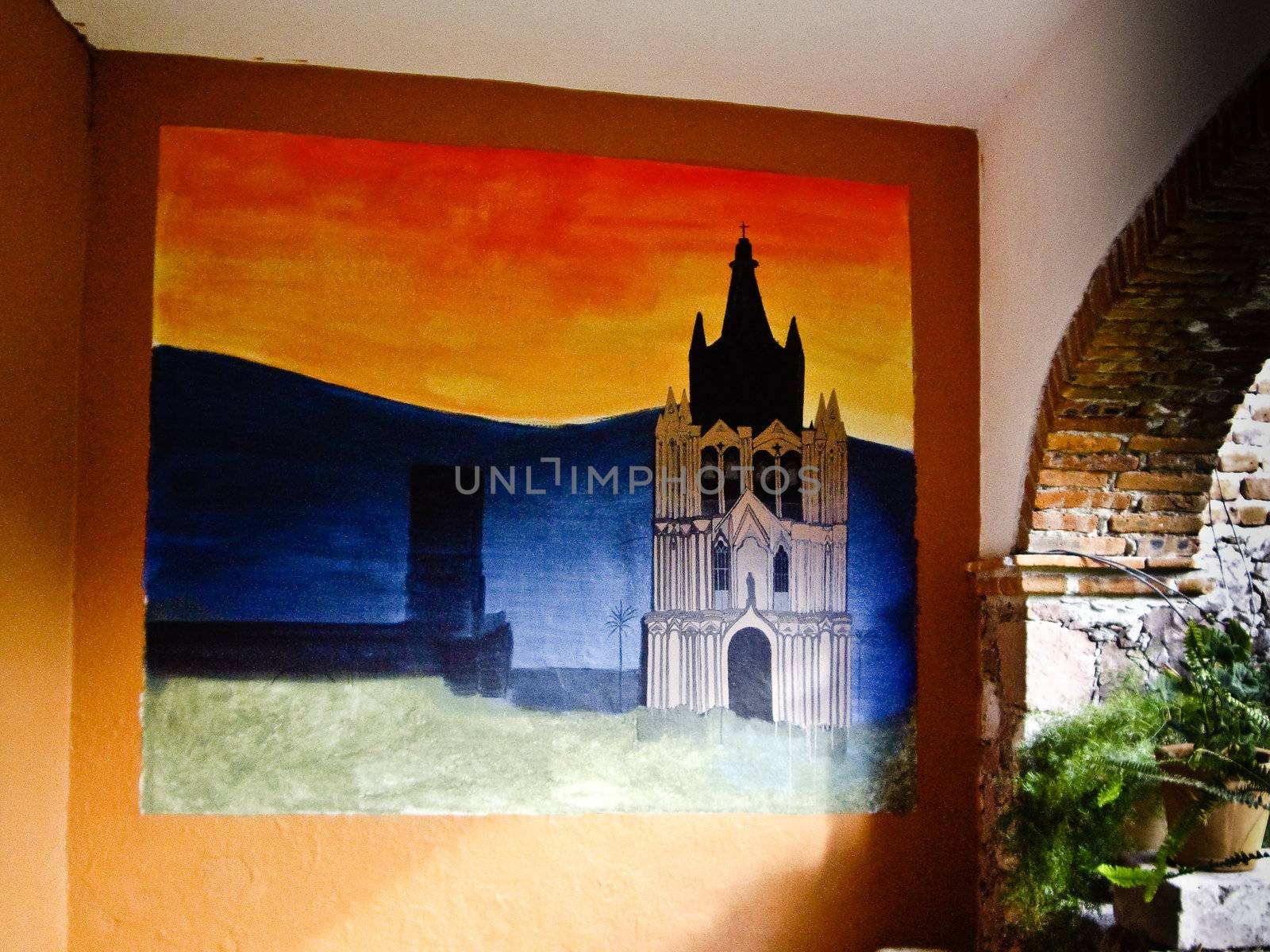 Colorful wall mural in hallway San Miguel de Allende, Mexico