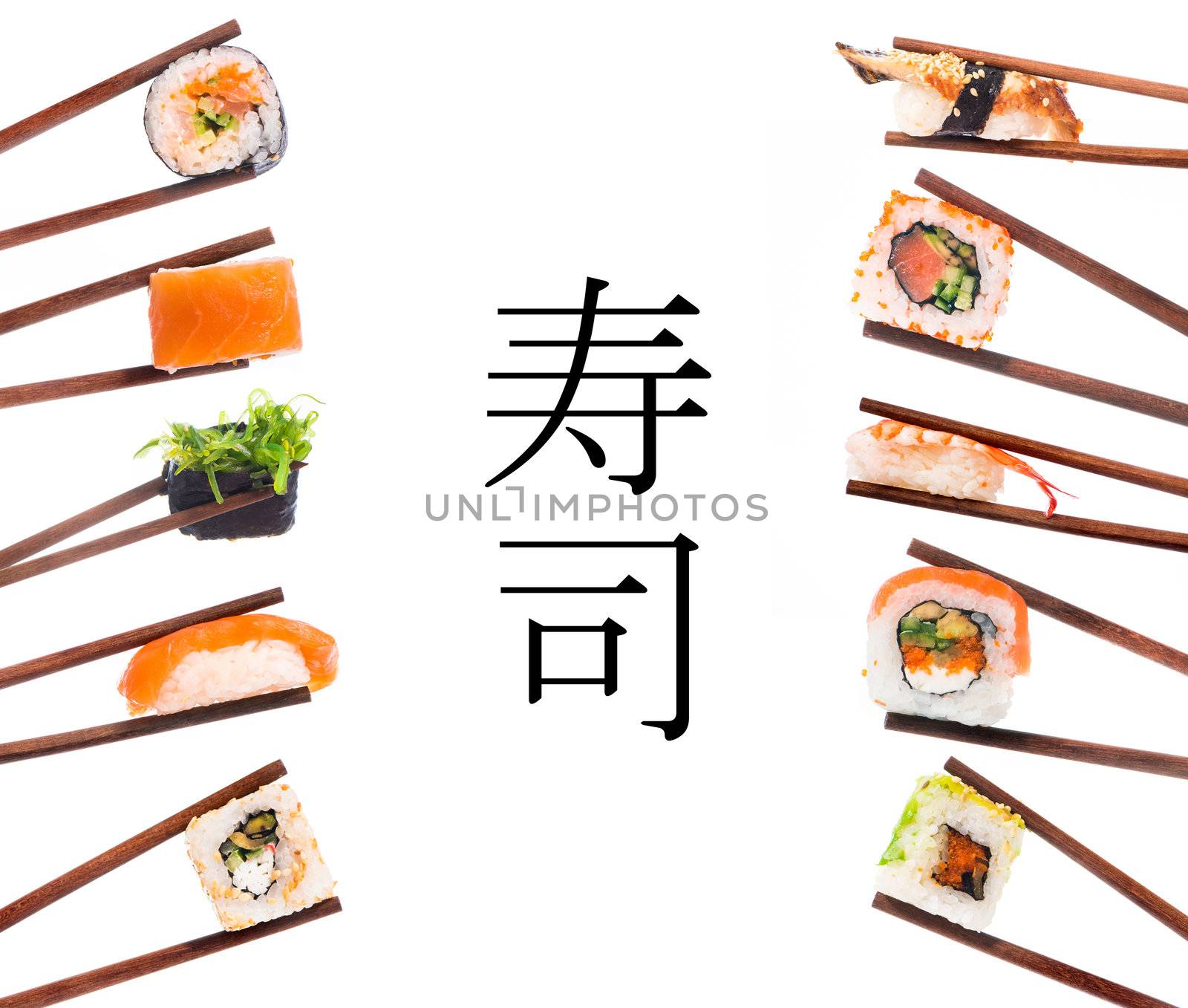 Sushi with chopsticks isolated over white background. Set.