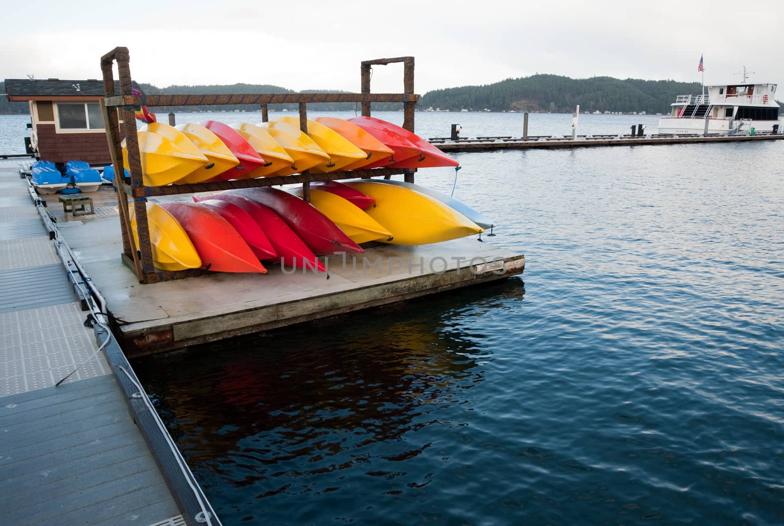 Colorful kayaks on Hood Canal pier