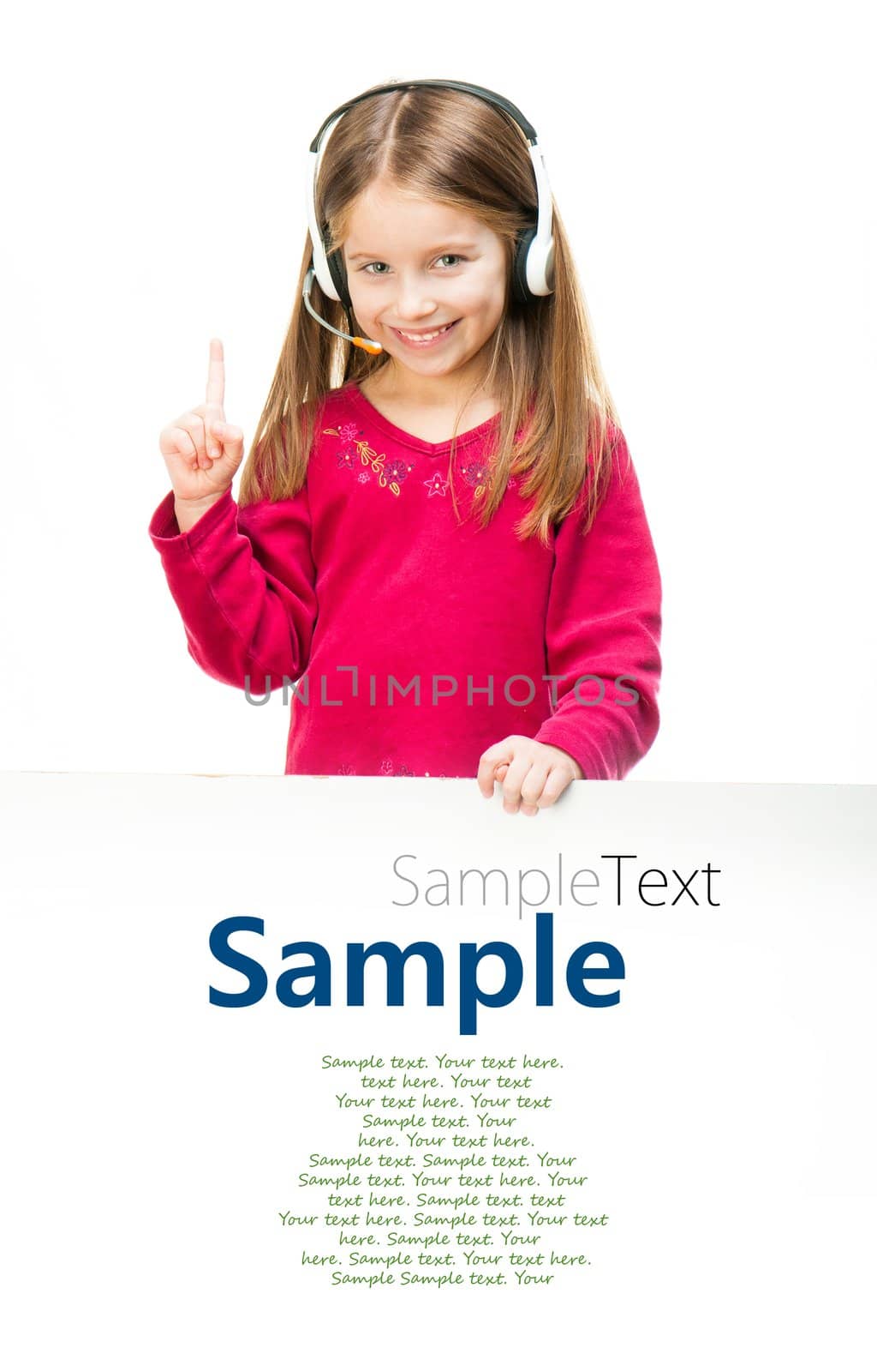 little girl in headset holding white banner with sample text