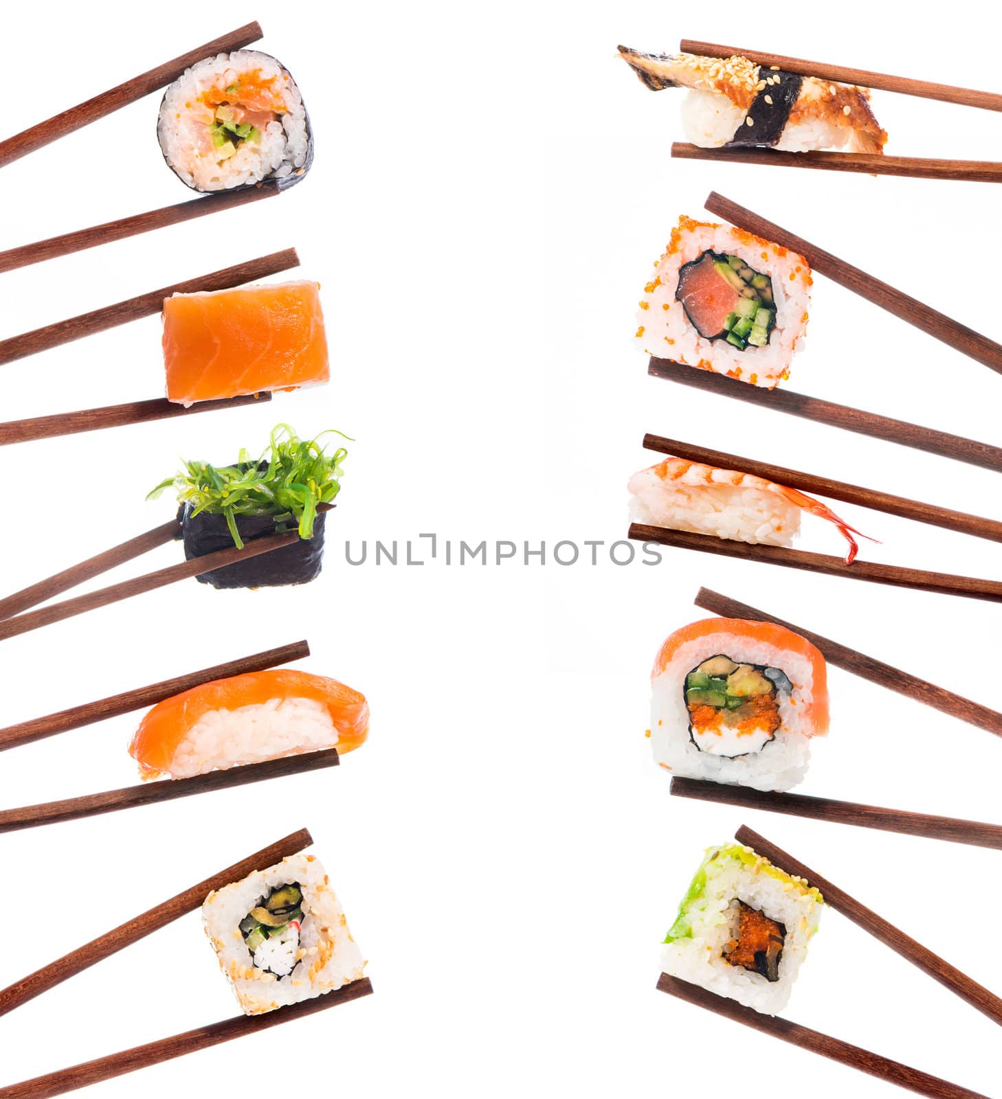 Set of sushi with chopsticks shot on white
