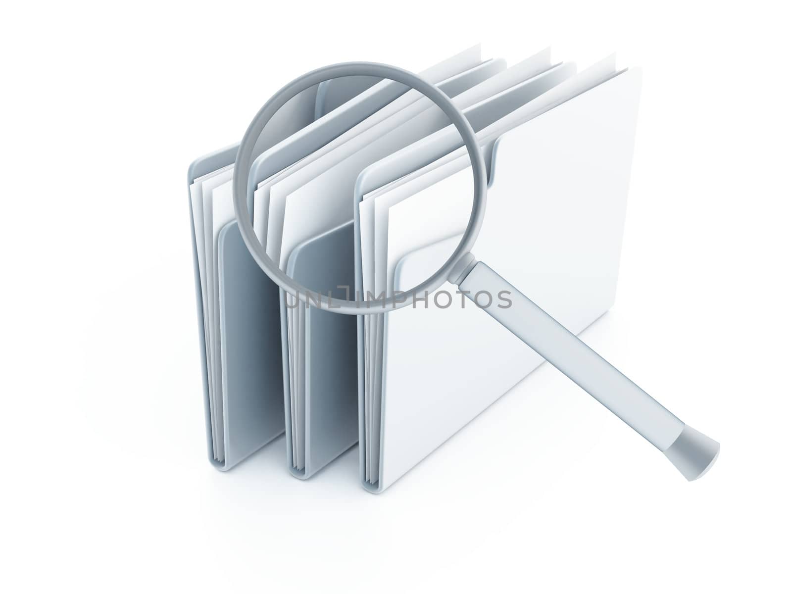 blue folders with papers under magnifier on a white background