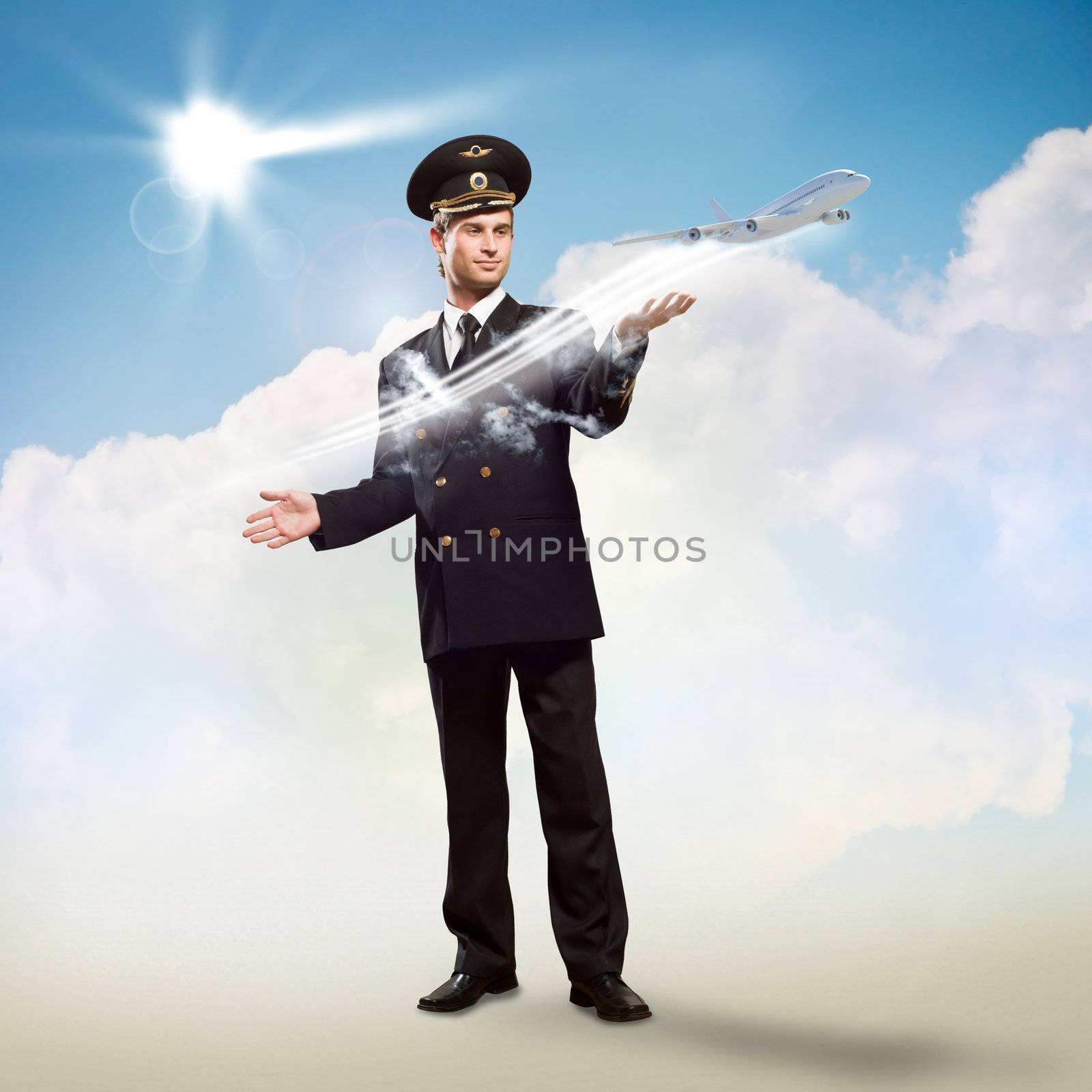 pilot in the form of extending a hand to airplane by adam121