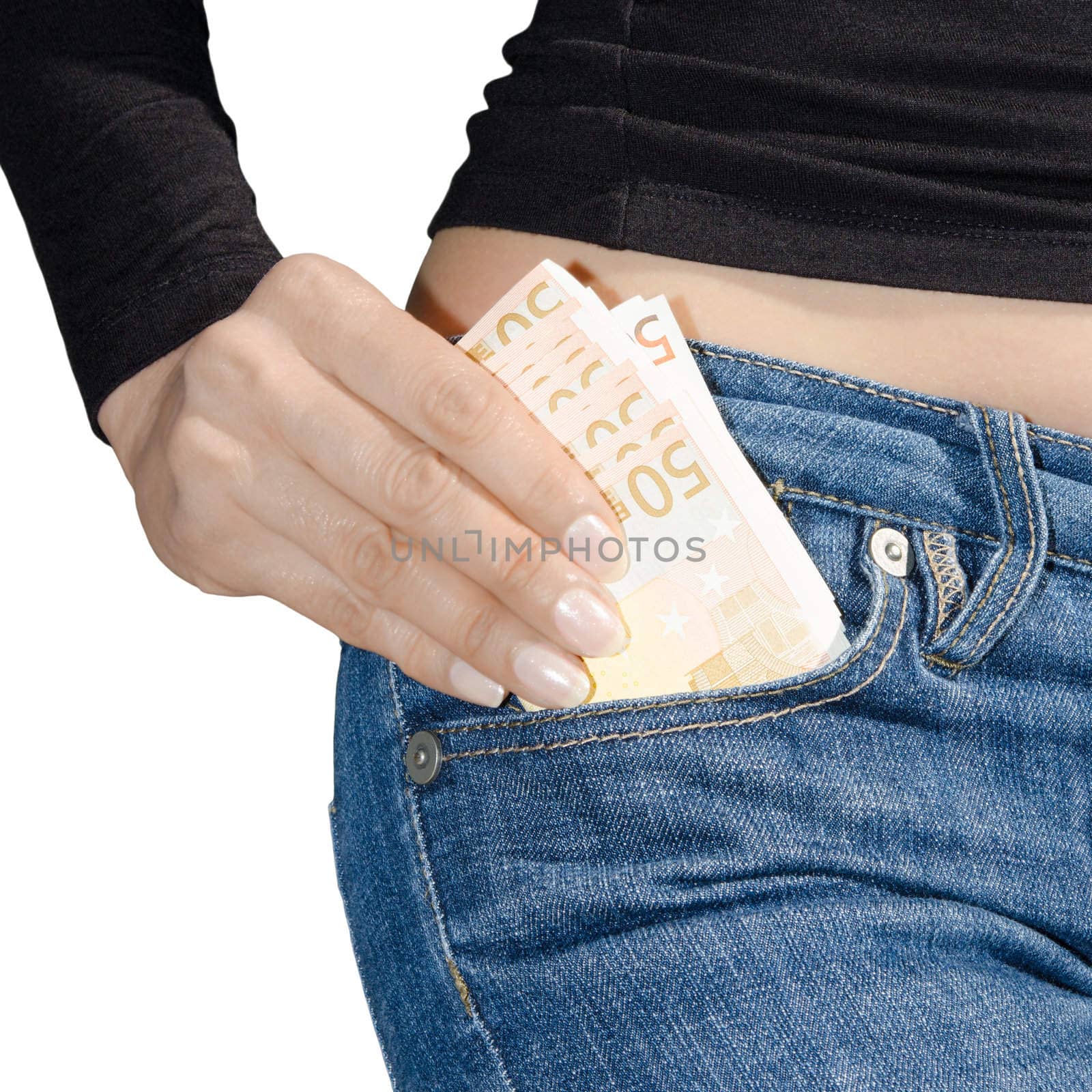 Woman's hand holding a bundle of 50 euro banknotes isolated