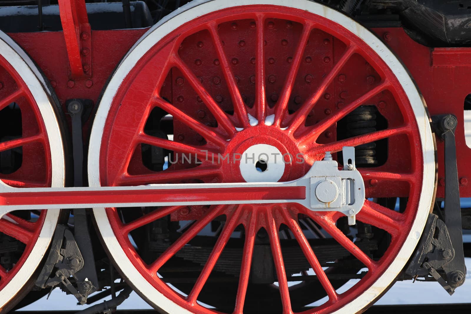 The wheels of the old steam locomotive, a fragment, close-up