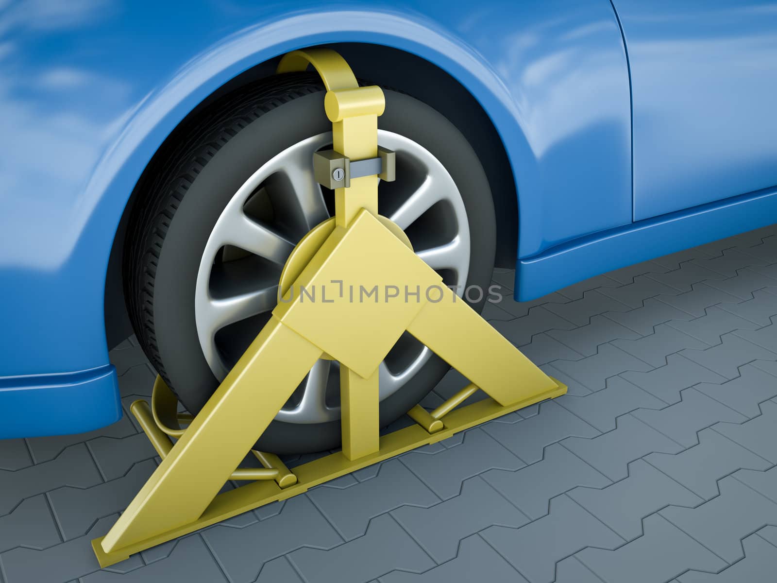 Clamped vehicle close-up. 3D rendered image.