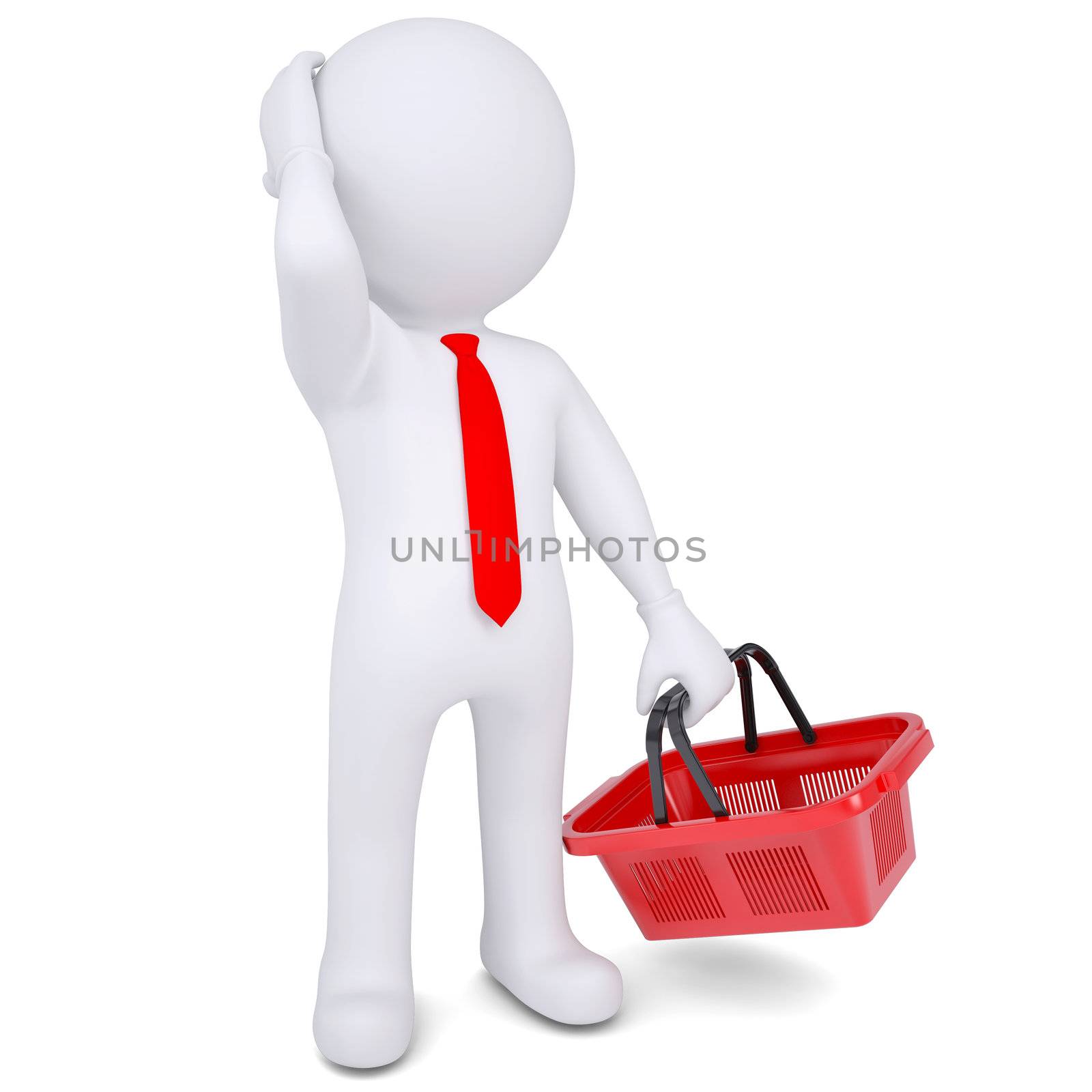 Pensive 3d white man with a shopping basket. Isolated render on a white background