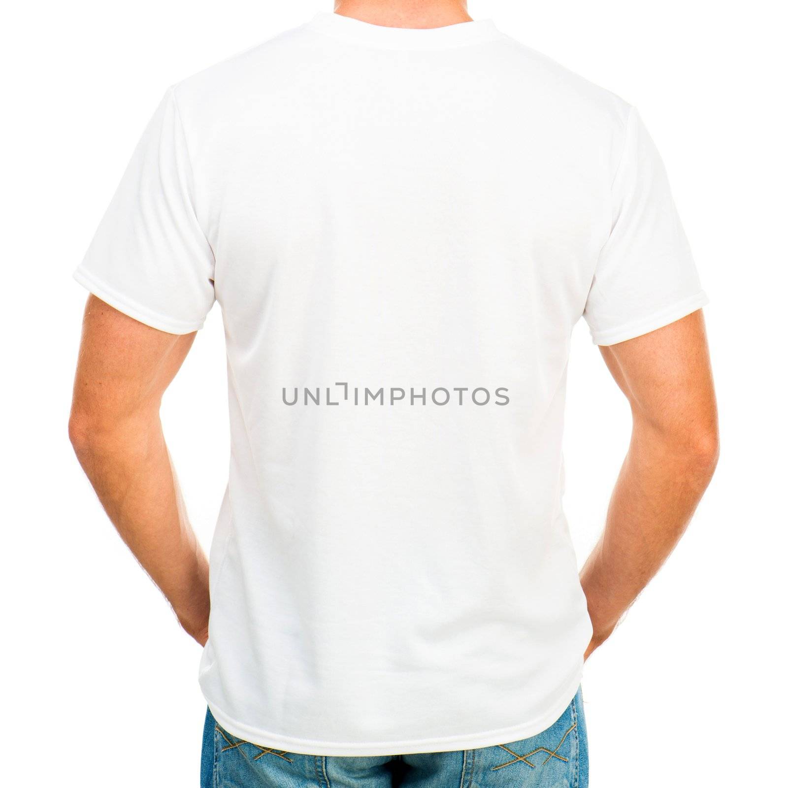 White t-shirt on a young man isolated (back)