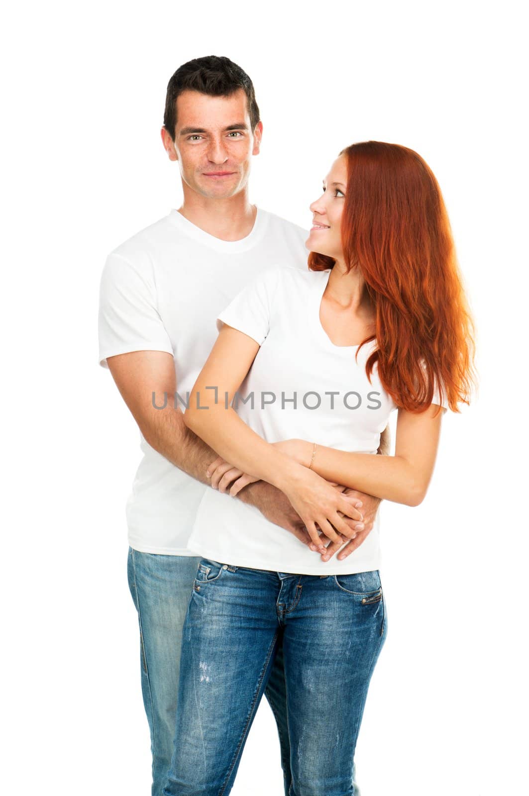 Happy young couple on white background