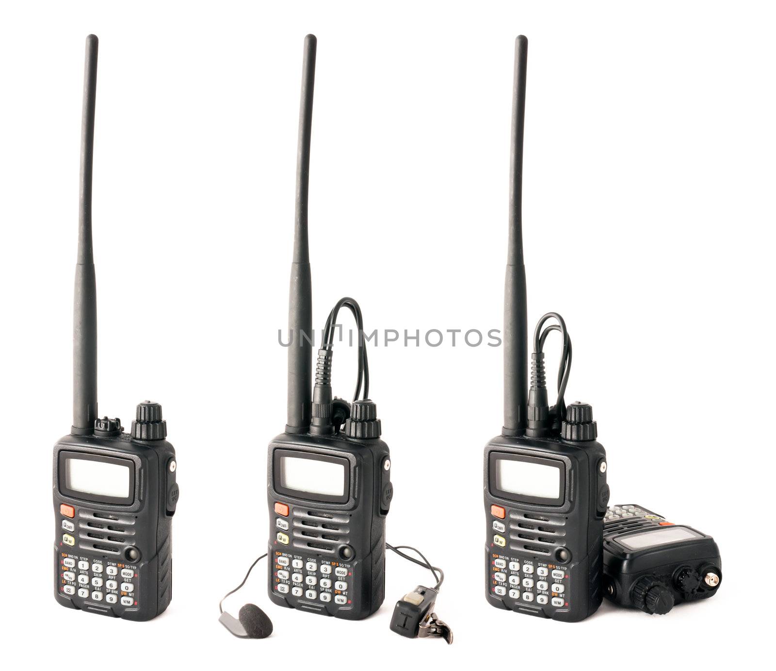 Isolated pro walkie-talkie in three different compositions on white
