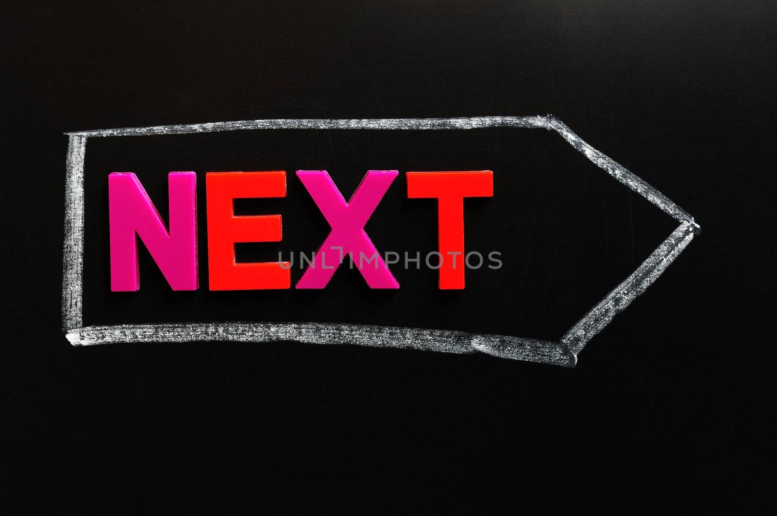 Next - word made of colorful letters on a blackboard