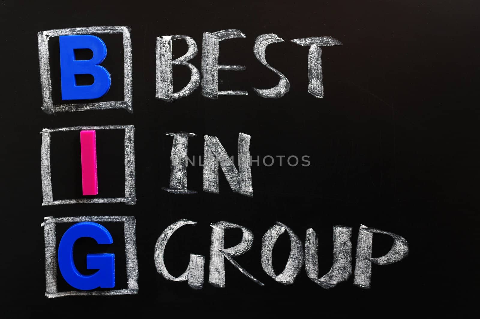 Acronym of BIG on a blackboard - Best in Group