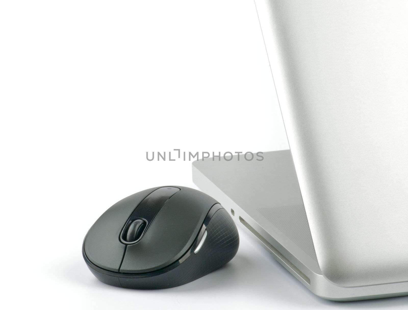 Steel laptop and black computer mouse isolated on white background