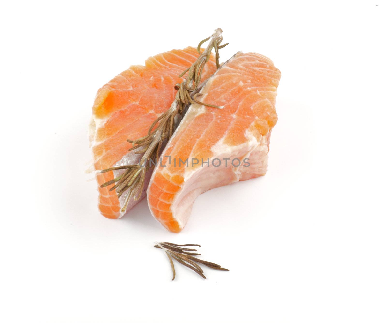 Raw Salmon Fish Fillet with rosemary isolated on white background