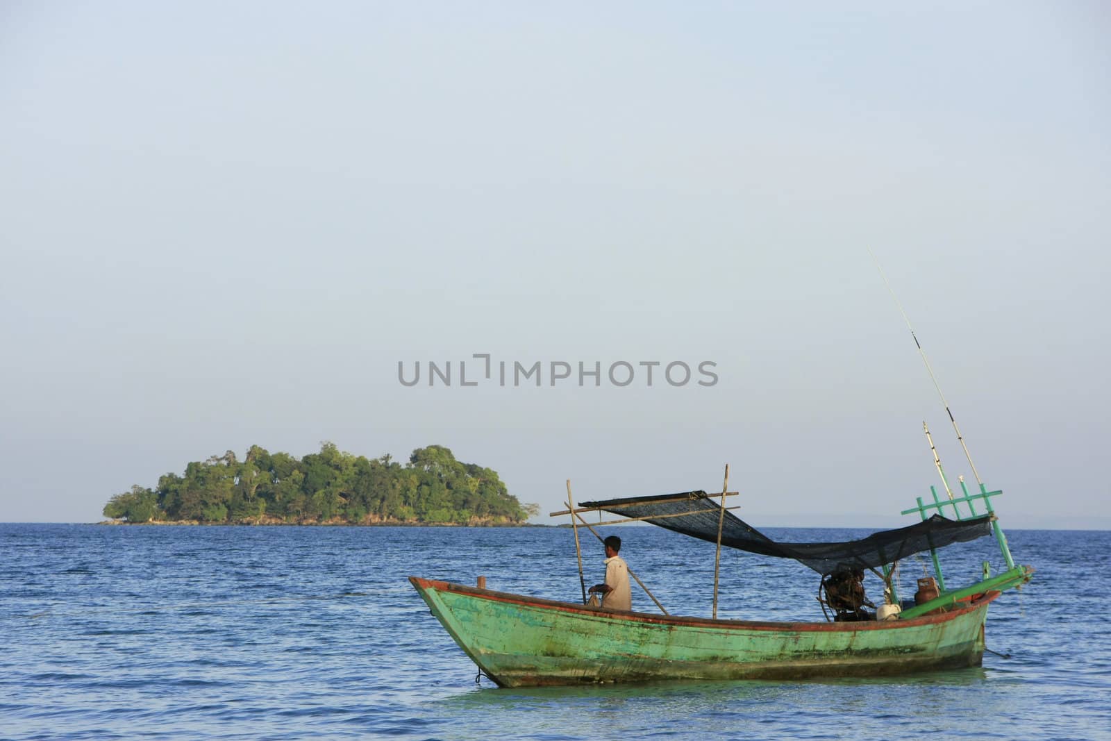 Fishing boat and Pagoda island, Gulf of Thailand, Cambodia, Southeast Asia