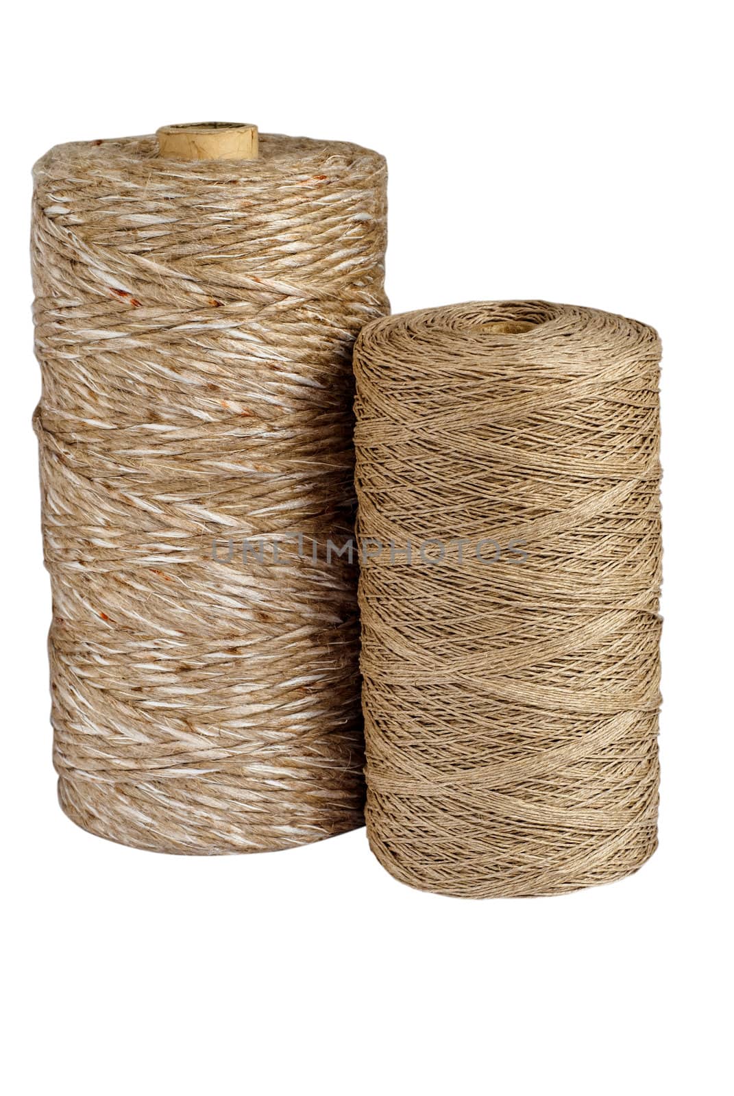 Variety of natural cord rolls isolated on white background