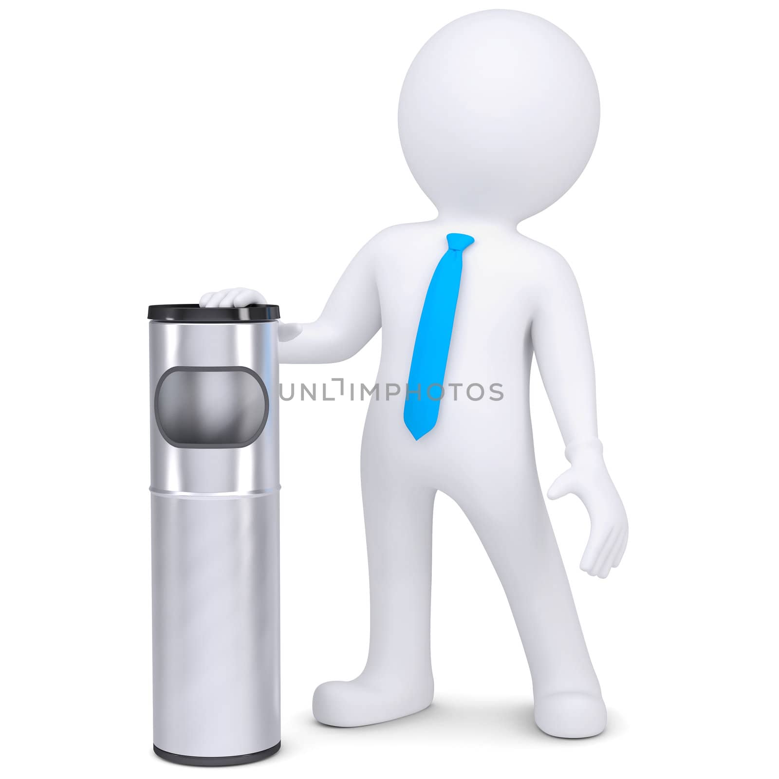 3d white man with a trash can. Isolated render on a white background