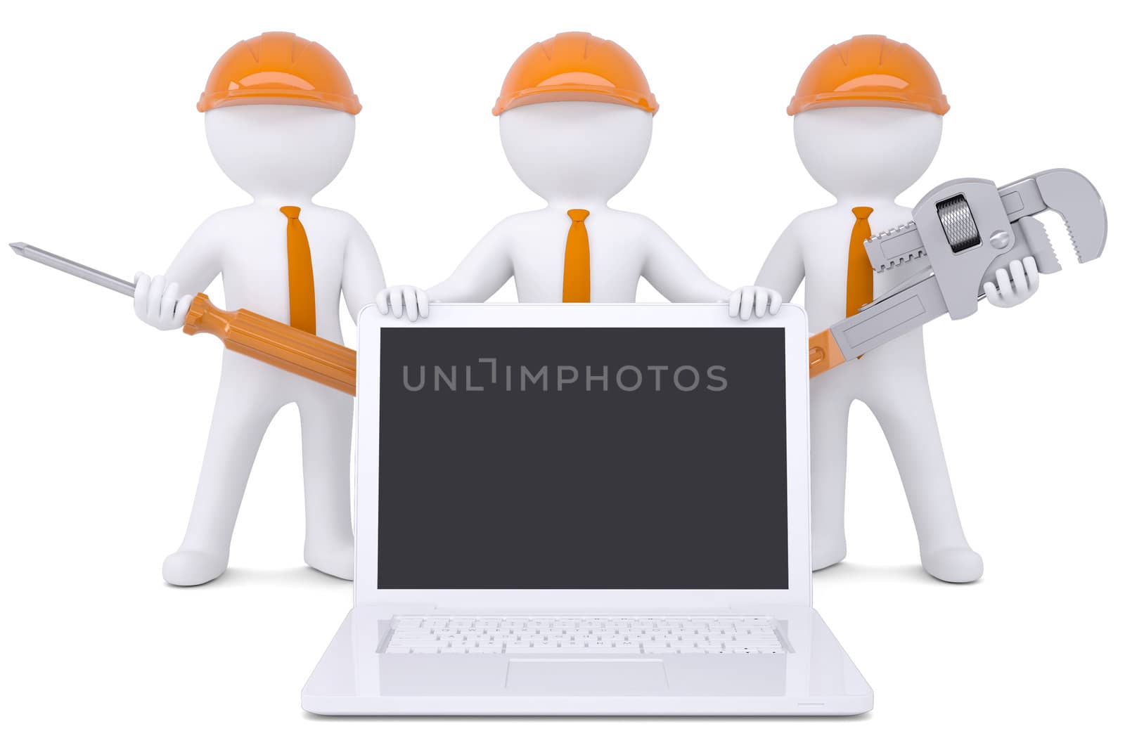 Team 3d humans with tools near the laptop. Isolated render on a white background