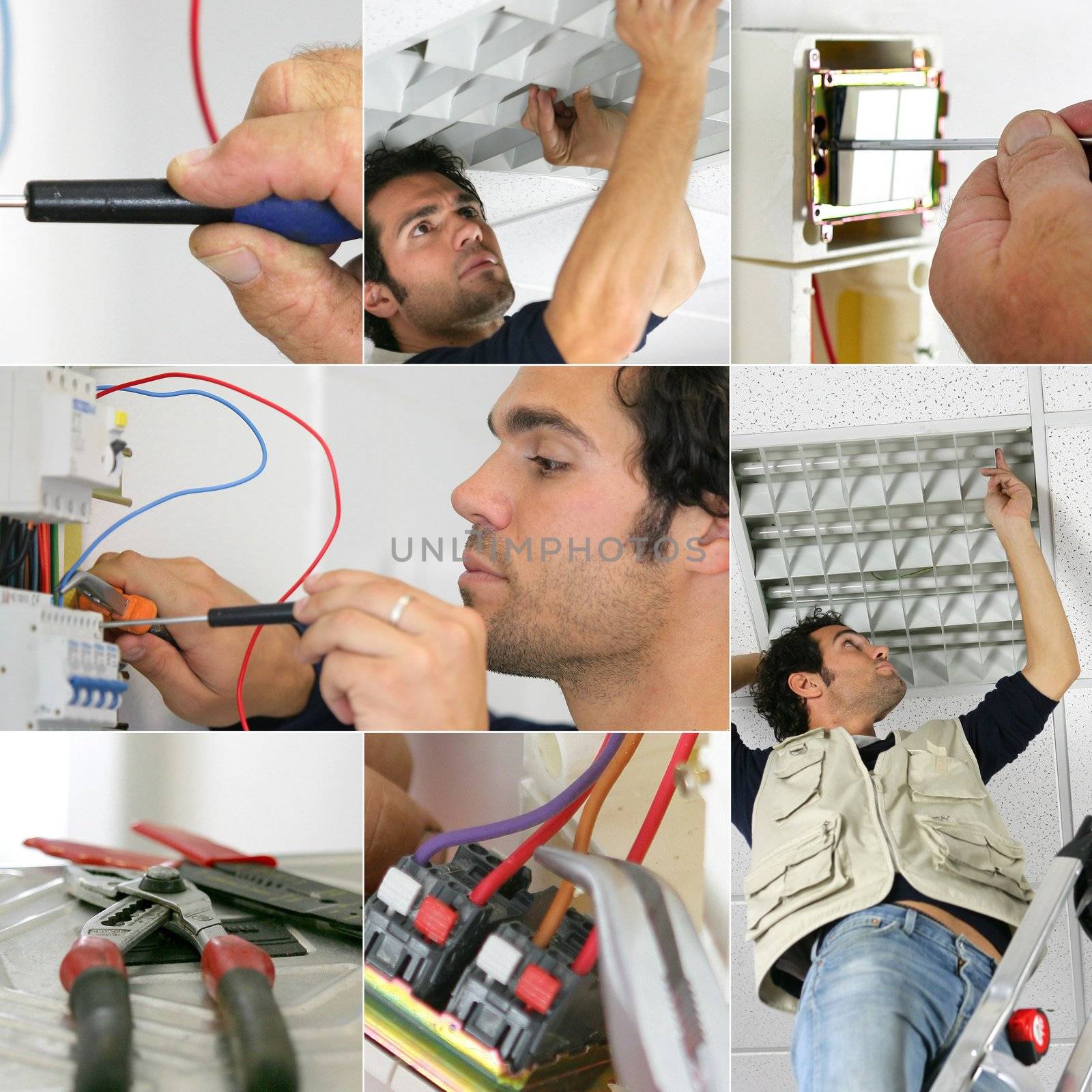 Photo-montage of an electrician at work by phovoir