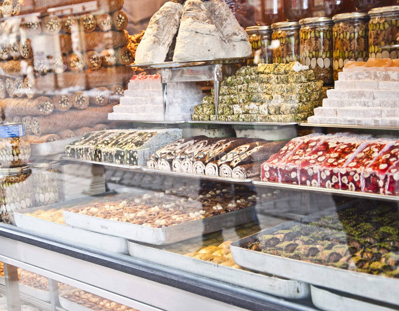 various Turkish sweets and desserts seen from outside of the shop