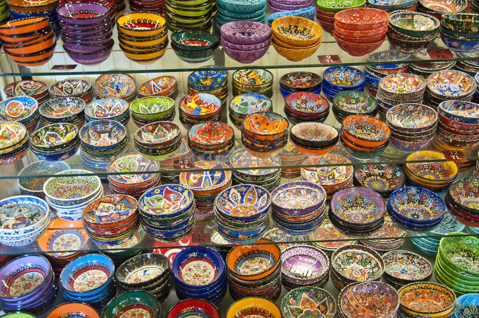 Hand-made Turkish souvenirs, objects and pottery with traditional designs, legacy of Ottoman Empire, Istanbul