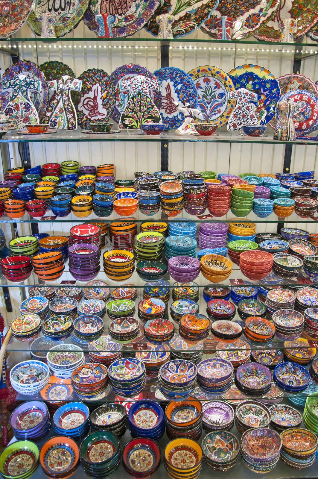 Hand-made Turkish souvenirs, objects and pottery with traditional designs, legacy of Ottoman Empire, Istanbul