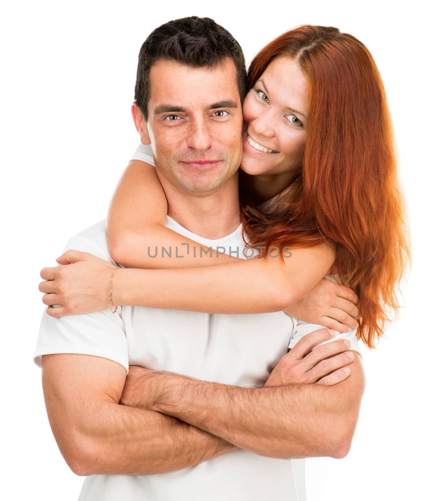 Smiling happy couple on white background